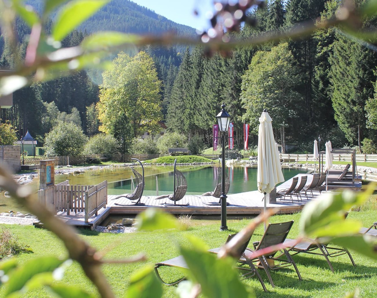 Lawn around the swimming pond of the Hotel Alpenhof Naturglück
